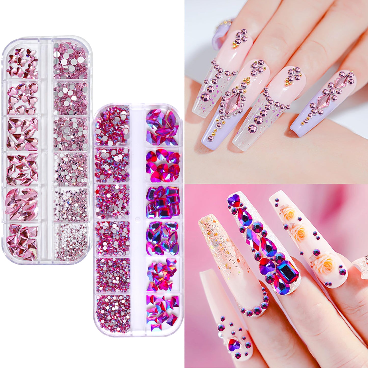 JERCLITY 1620pcs Flat Back Rose AB Nail Rhinestones Pink Nail Rhinestones for Nails Round Beads Crystals Glass Gems Stones Multi Shapes Sizes Nail Rhinestones for Nail Face Art Clothes Shoes Bags DIY