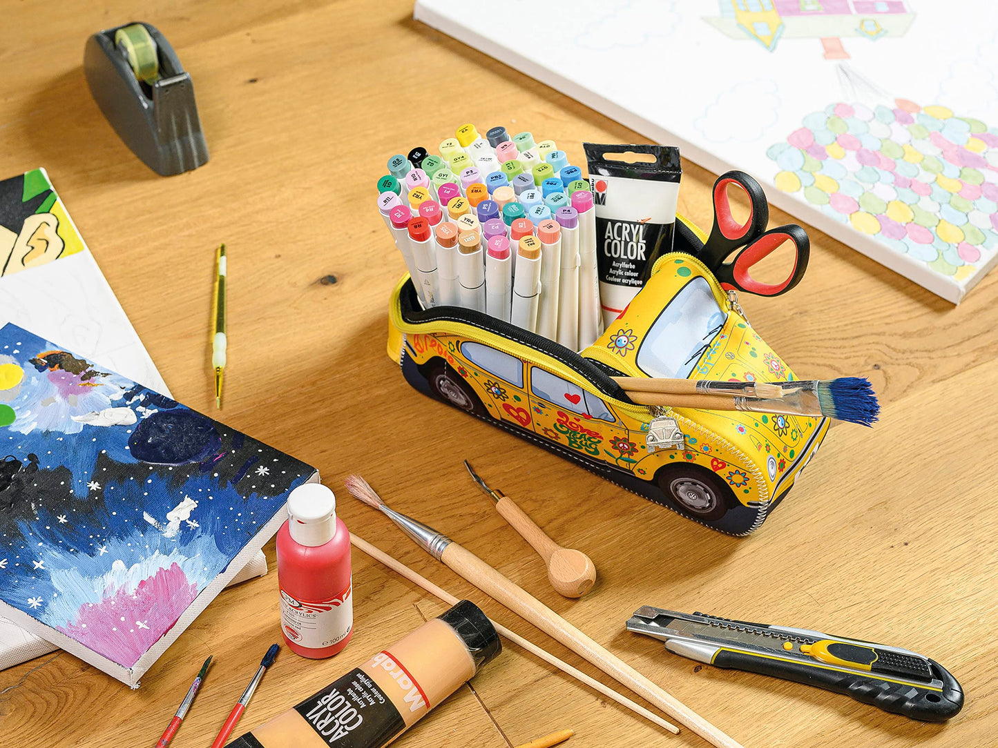 BRISA VW Collection - Volkswagen Neoprene Universal Bag for Makeup, Travel, Cosmetics in Beetle Bug Design (Yellow, Small (10 x 3.9 x 4.1 inches))