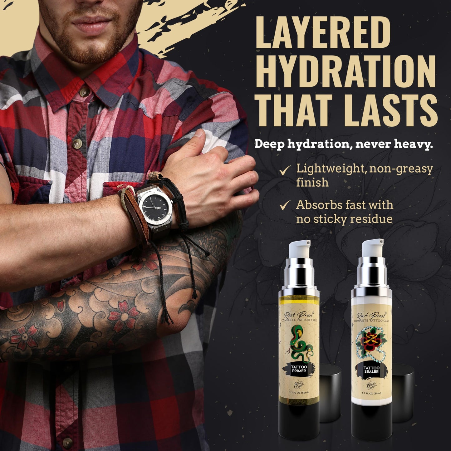 Rust Proof Complete Tattoo Care – Comprehensive Pre & Post Tattoo Skincare Set with Body Oil & Moisture Sealing Body Lotion – Lightweight Hydration & Moisture Barrier Protection – 2- Piece Bundle