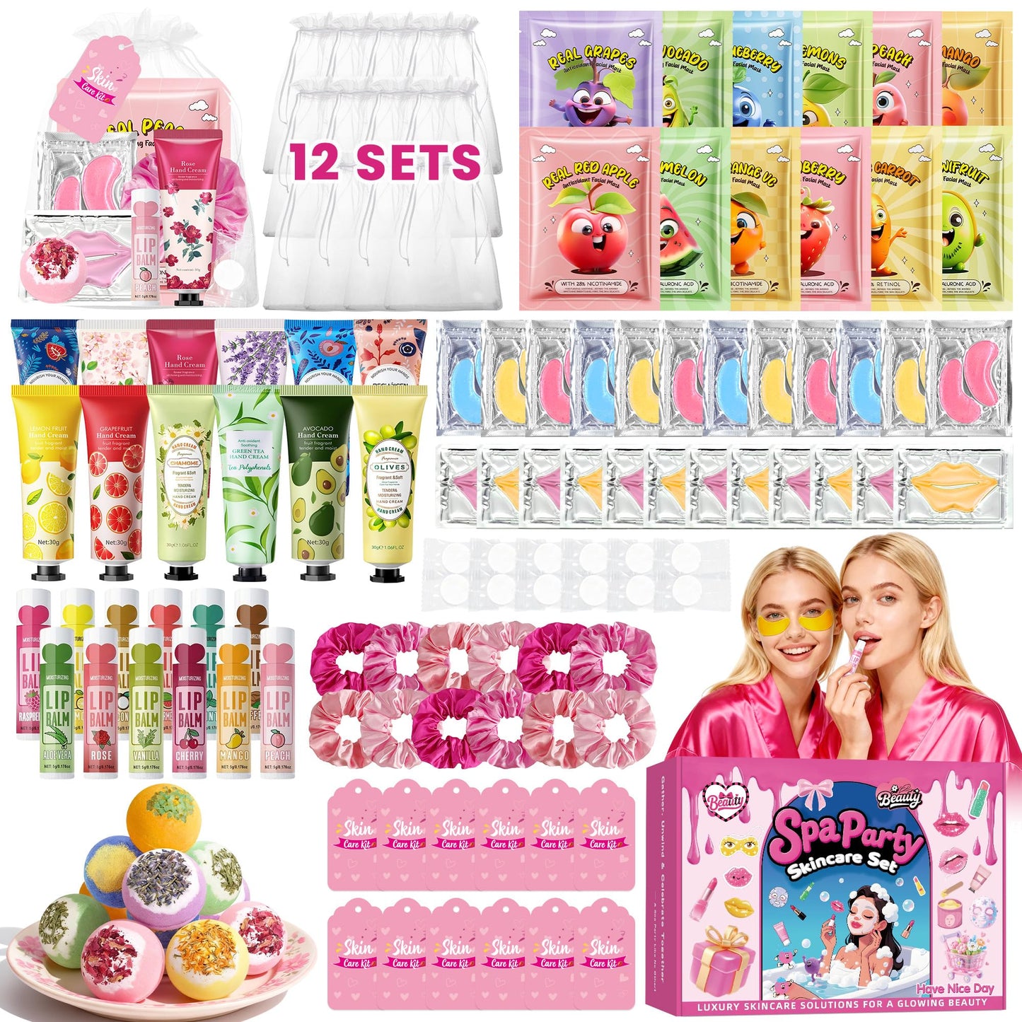CHANGARLOAD 121 PCS Spa Party Supplies for Girls, Spa Party Favors Set with Face Masks, Lip Balm, Hand Cream, Under Eye Patches, Lip Mask, Foot Bath Bombs, Gift Bags for Birthday Sleepover