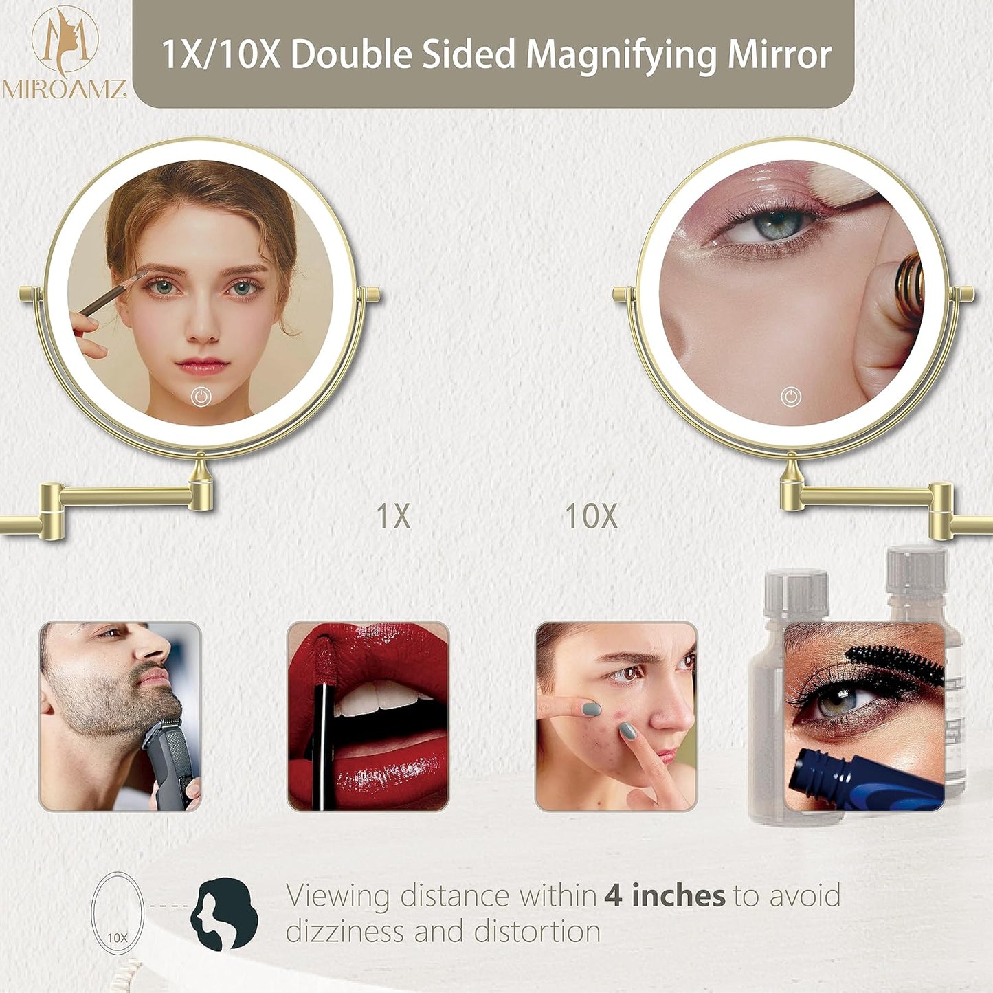 Lighted Makeup Vanity Mirror - 8 Inch Double-Sided 1X/10X Magnification | 3 Color Lighting, Touch Screen Dimming, 360° Rotation, Gold