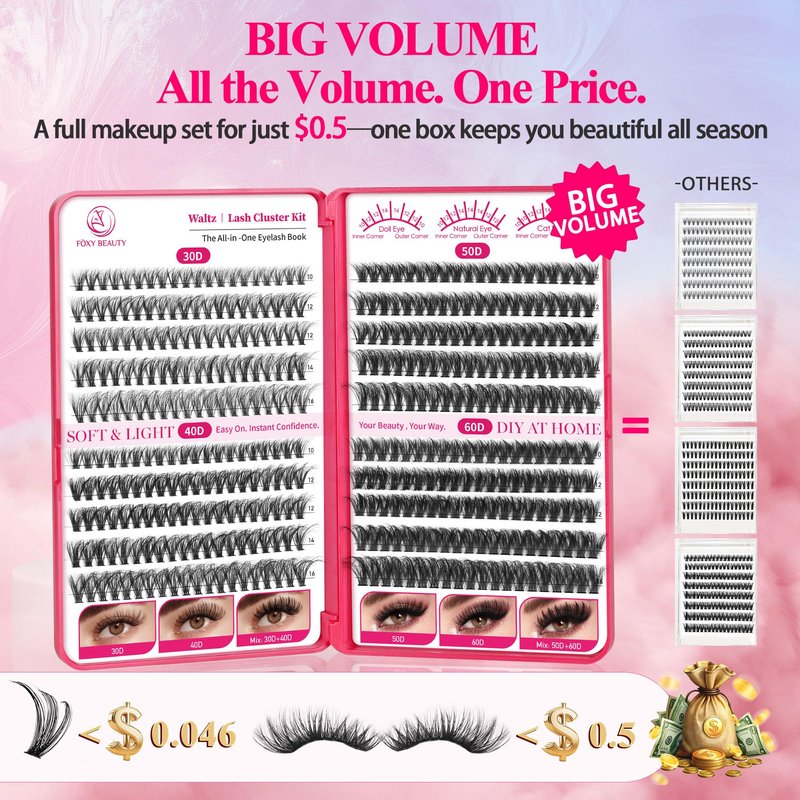 Nova Lash Clusters Kit 360 PCS Lash Clusters Natural Look Invisible Band Lashes Eyelash Clusters with Bond and Seal D Curl WideSpan Cluster Eyelash Extension Kit 8-16mm DIY at Home