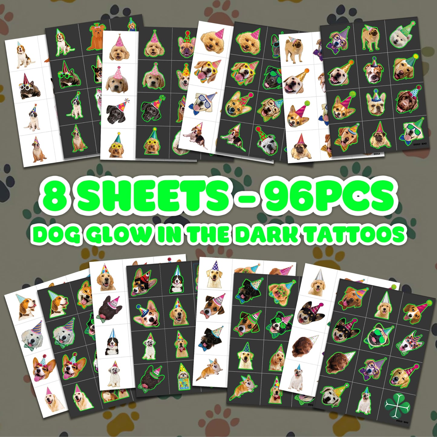96PCS Dog Party Temporary Tattoos Stickers for Kids, Glow Dog