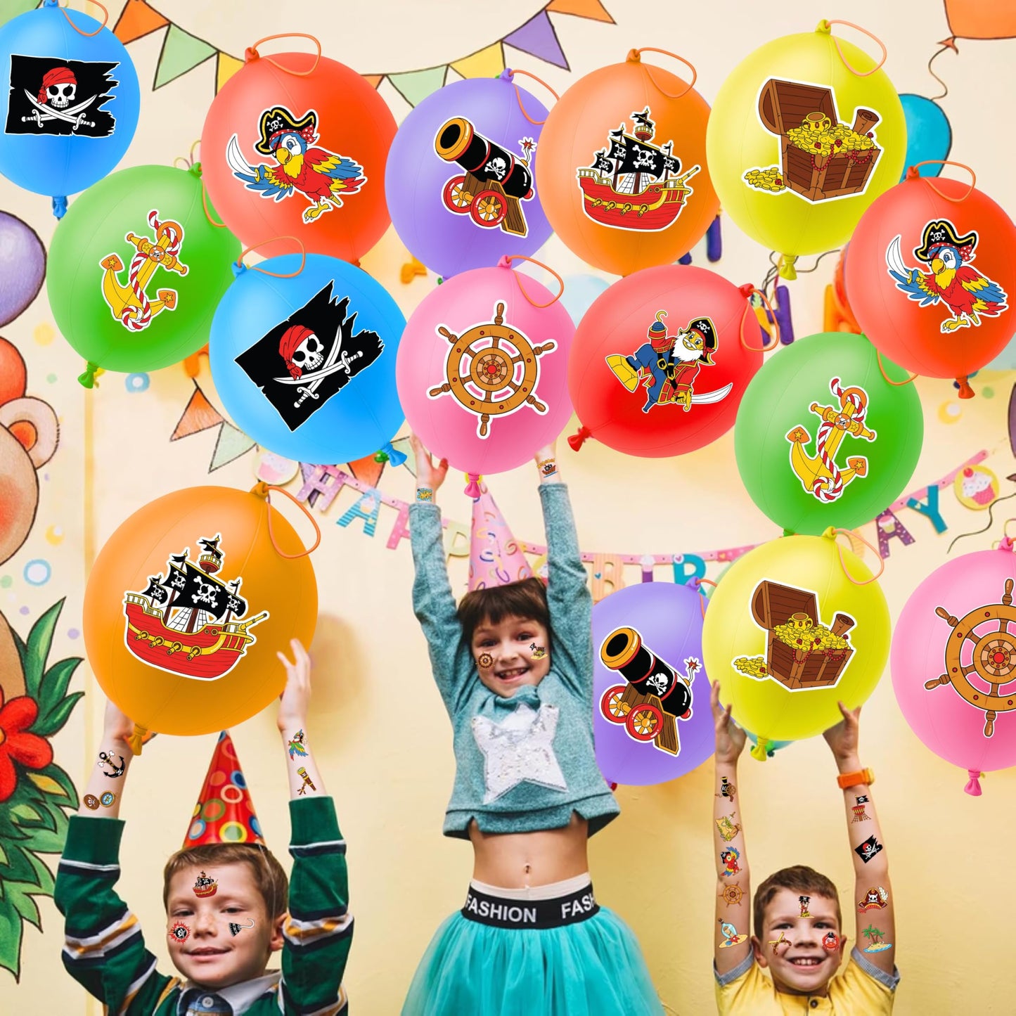 Pirate Punch Balloons for Kids 24 Pack and 48 Temporary Tattoos