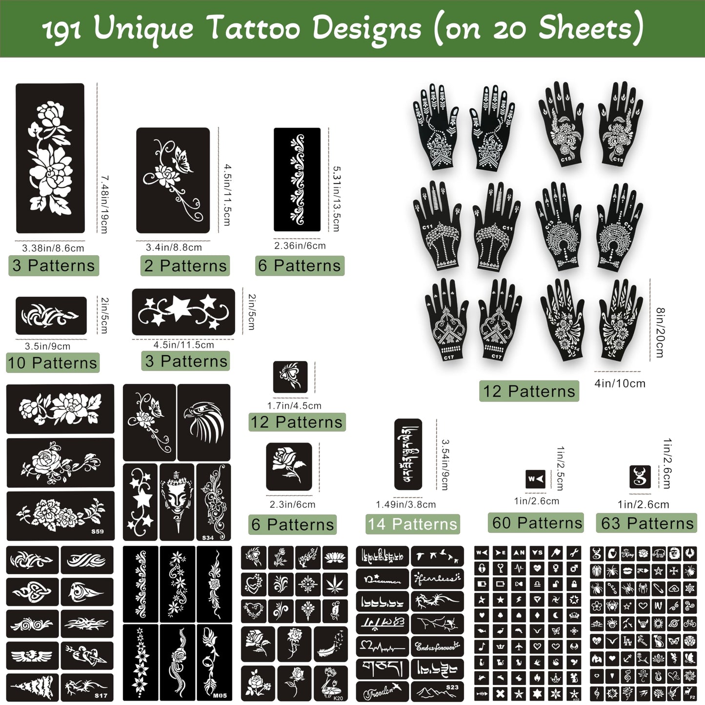 191 Pcs Temporary Tattoo Stencils Kit with 6 Tattoo Cones (2 Black, 2 Brown, 2 Dark Red), White Tattoo Outline Pen, Cotton Swabs & Towel | Perfect for Adults, Teens, Beginners, Family Fun & Parties