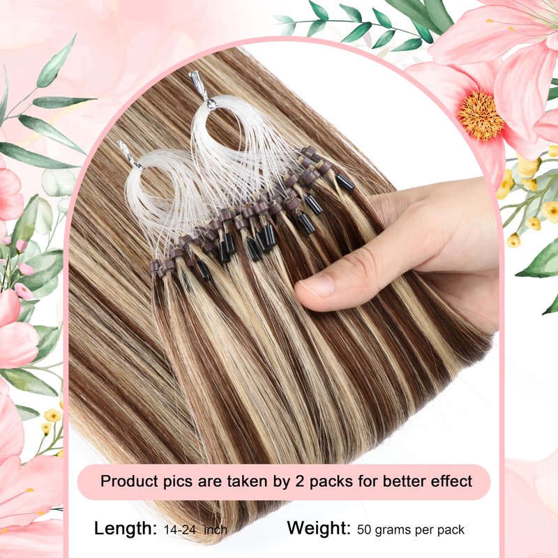 Kpvxxve Micro Ring Hair Extensions Human Hair 16inch Micro Loop Brown Mix Blonde Micro Bead Human Hair Extensions #4/613 Natural Straight Hair Extension 50g 1g/s