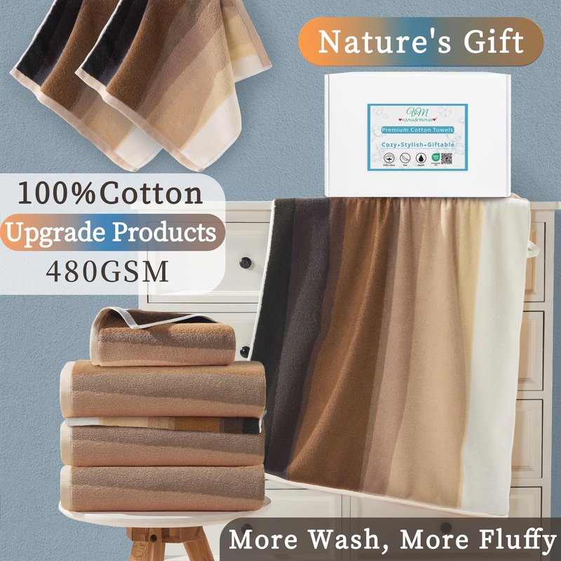 VOOVA & MOVAS Brown Washcloths 6 Pack - 100% Cotton | 480GSM | Soft | Absorbent | Long-Lasting, Wash Cloths for Your Face and Body, 13"x13", Decorative Hand Towels for Bathroom, Beige and Brown