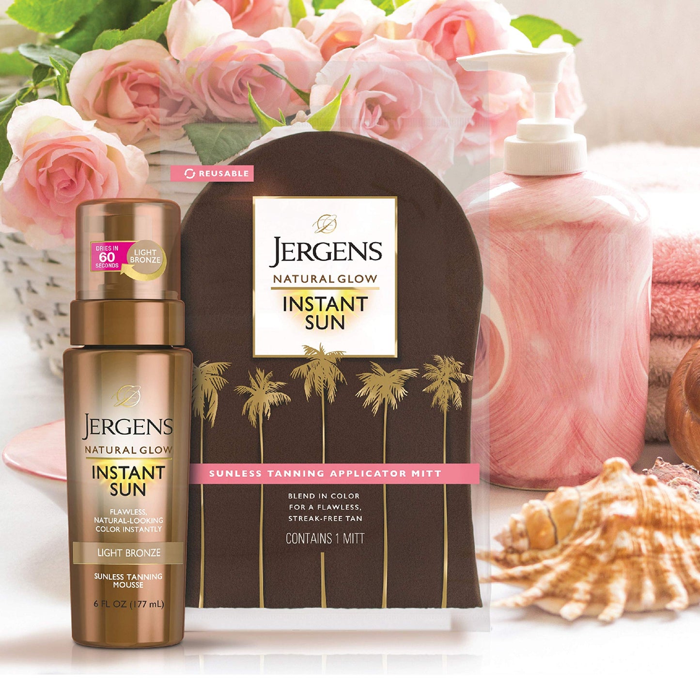 Jergens Natural Glow Instant Sun Body Mousse, Deep Bronze Tan, 6 Ounce Sunless Self-Tanner with Natural Glow Body Applicator Mitt, Flawless, Streak-free Tanning Blender Glove