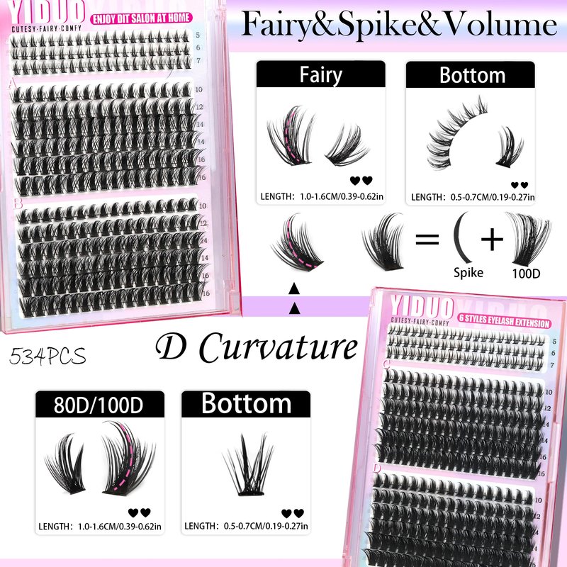YIDUO Manga Lash Clusters Kit 40D+60D+80D+100 Fairy Spikes+Bottom Clusters Lashes Extensions Kit with 2X Bond and Seal 1094 Pcs 8-18mm Wispy Individual Eyelash Cluster Kit DIY at Home Easily