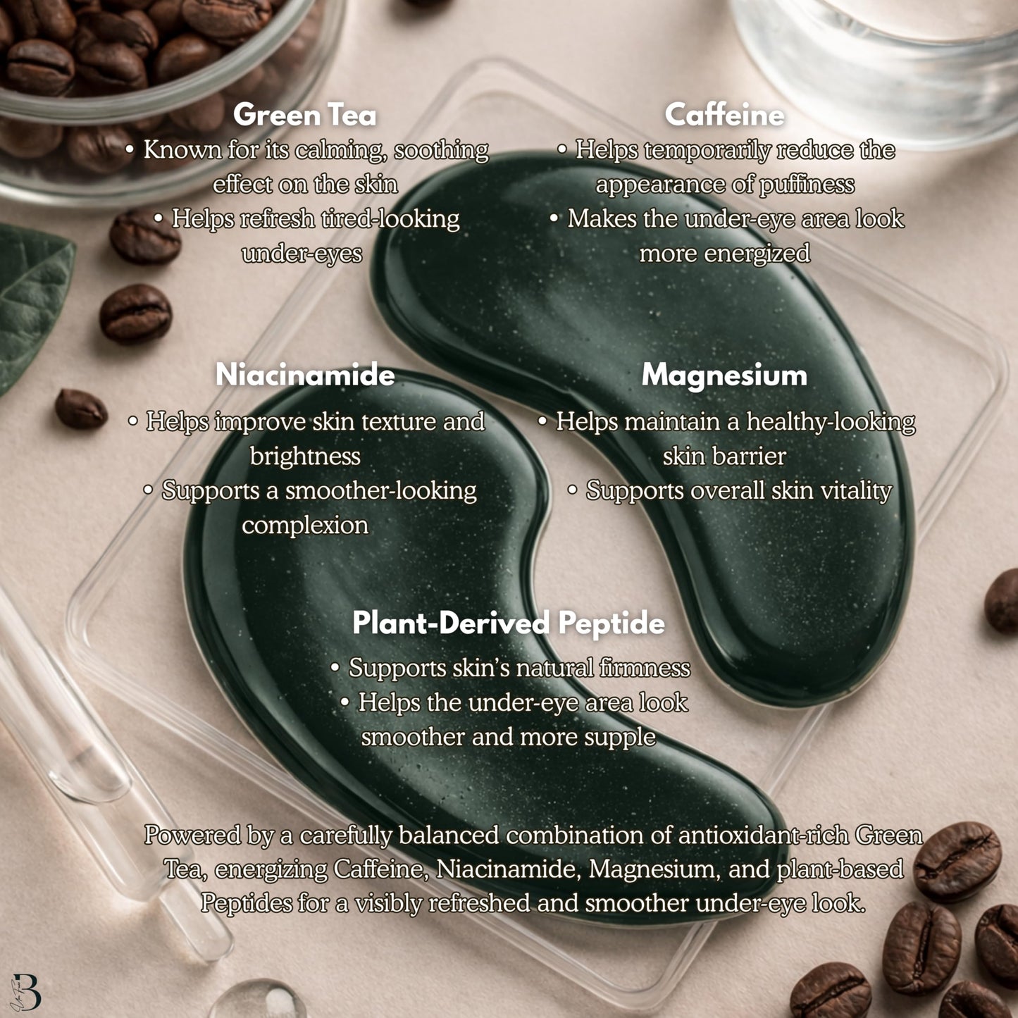 Bumfuzz Green Tea Under-Eye Patches | Depuff & Brighten Eye Gel Patches for Dark Circles & Tired Eyes | Plant-Based, Vegan with Caffeine, Niacinamide, Magnesium & Vegetable Peptides