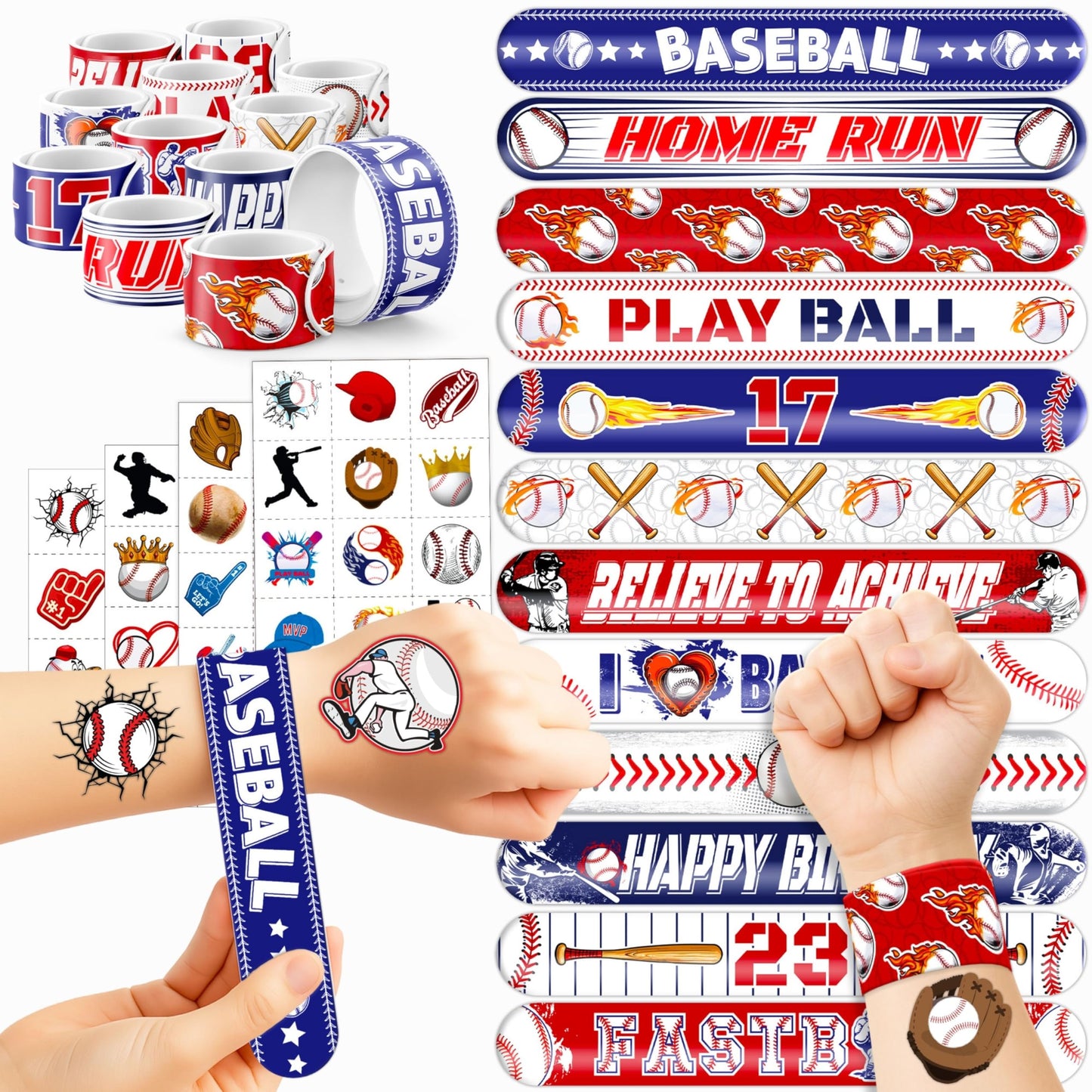 72PCS Baseball Party Set - 48PCS Temporary Pre - Cut Tattoos & 24PCS Slap Bracelets - Fun Sports-Themed Birthday Supplies, Baby Shower Gifts, Classroom Rewards & Party Decor for Kids (Boys & Girls)