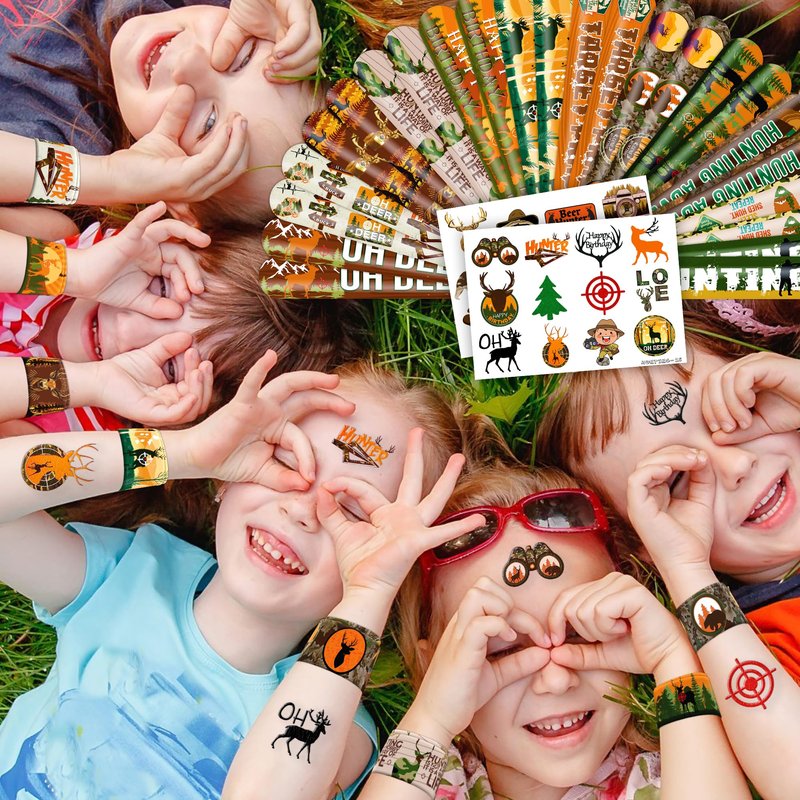 Cherisnowy 48PCS Hunting Party Set - 24PCS Temporary Tattoos & 24PCS Slap Bracelets - Outdoor Adventure Birthday Supplies, Baby Shower Gifts, Classroom Rewards & Party Decor for Kids (Boys & Girls)