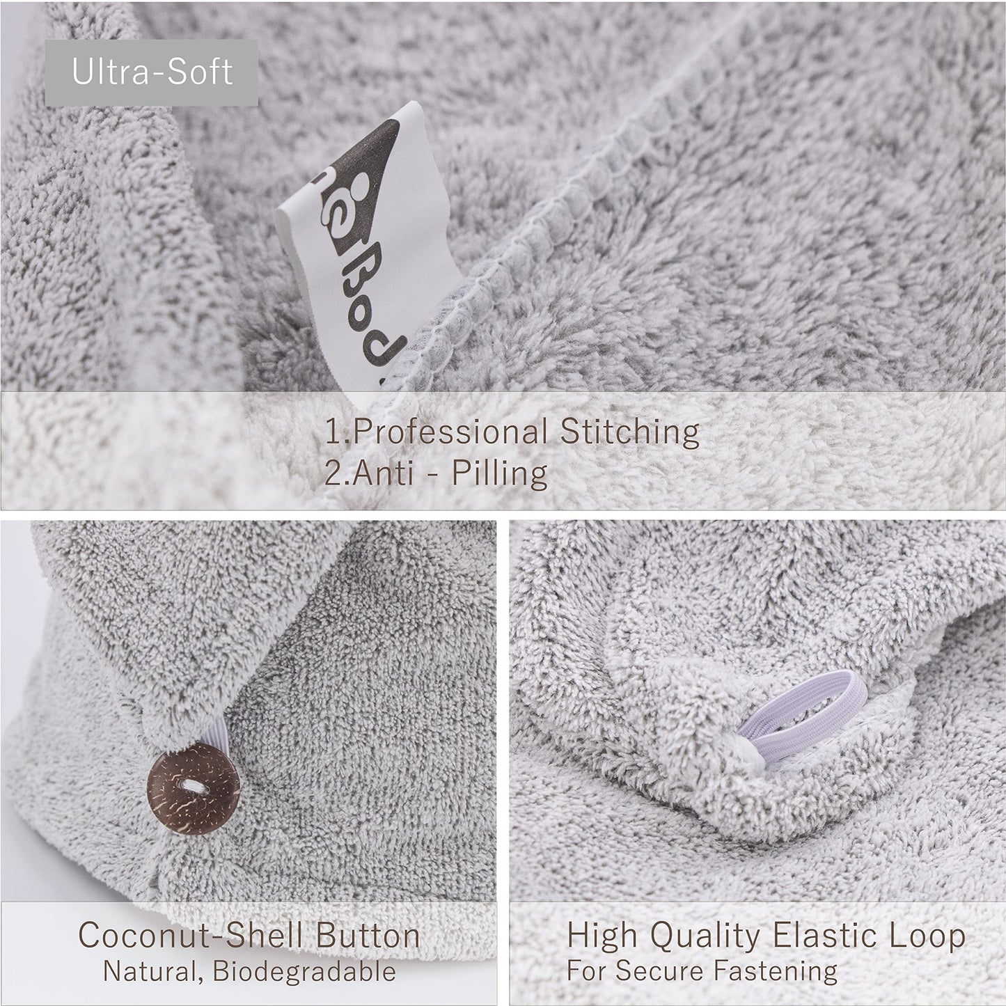 myHomeBody Hair Towel Wrap, Luxury Quick Drying Turban, Ultra Soft Absorbent Charcoal Fiber Cap, with Coconut Shell Button – 2 Pack
