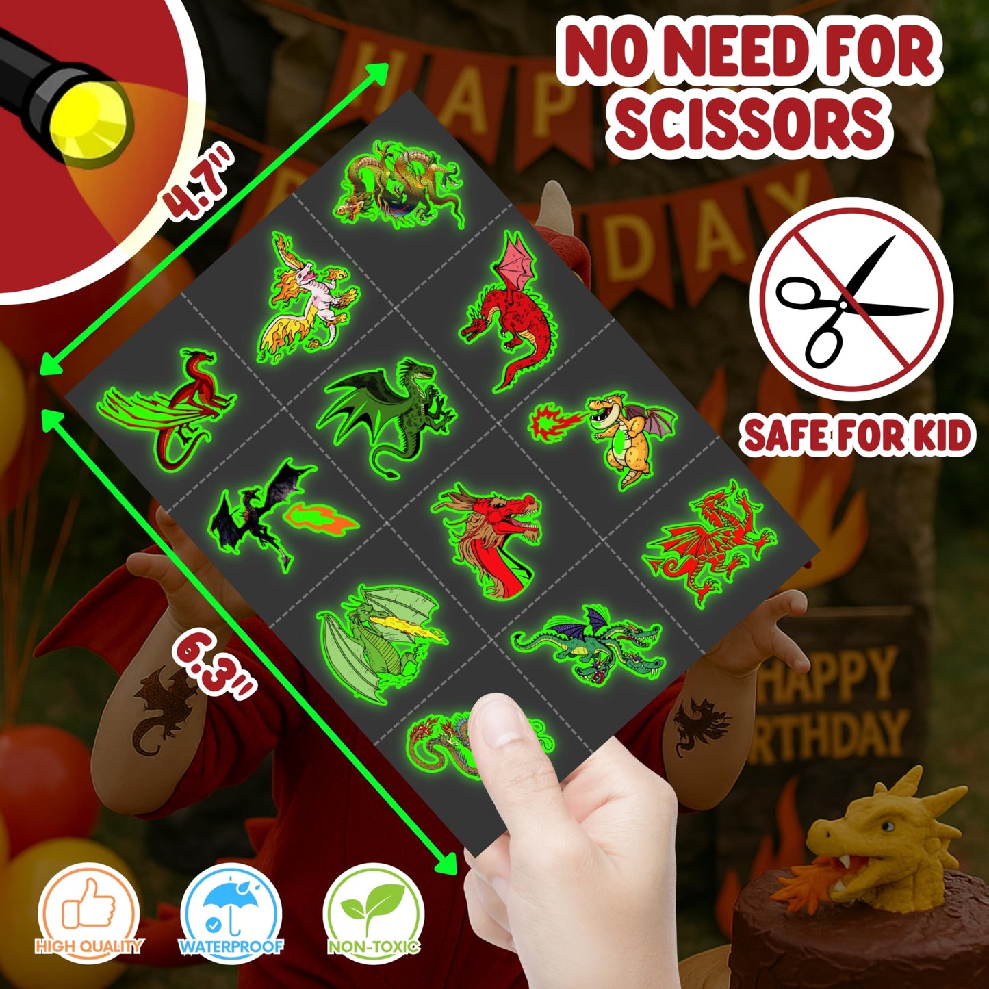 96PCS Dragon Pre-Cut Temporary Tattoos Birthday Party Supplies Favors Decorations Knight Dragon Super Cute Fake for Kids Boys Girls School Classroom Rewards Gifts Ideal Halloween (Glow in the Dark)