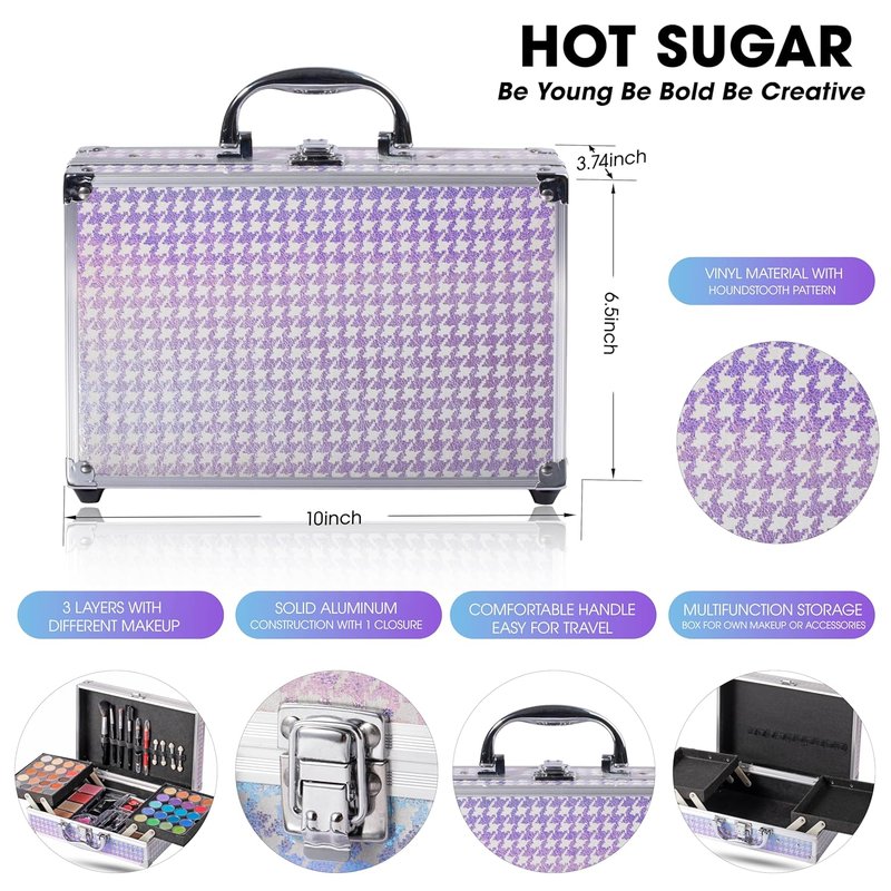 Makeup Kit for Girls 14-16 - Complete Cosmetics Set with Aluminum Case | Full Face Beauty Essentials in Purple Houndstooth