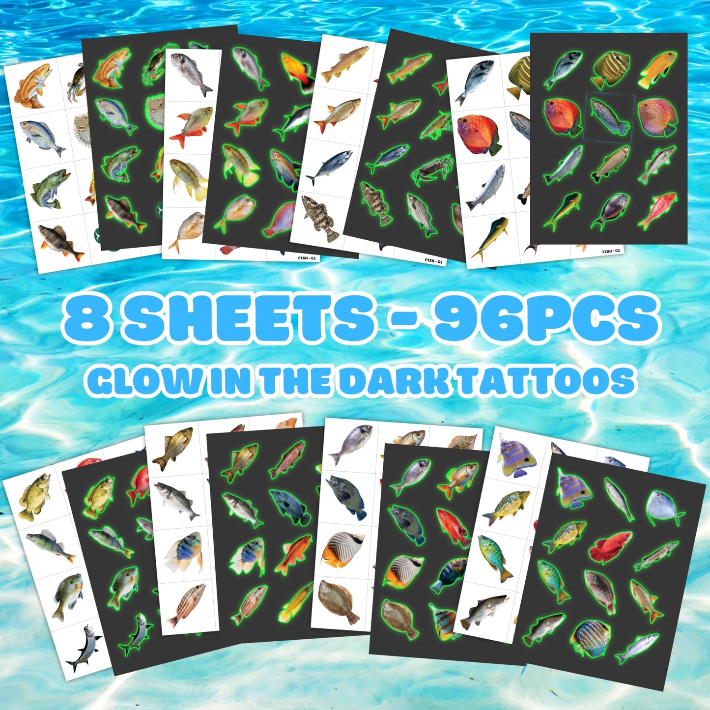 96PCS Fishing Pre-Cut Temporary Tattoos - Fish Lake Funny Fish-Themed Stickers for Kids' Birthday Party Supplies, Decorations, Favors, and Prizes - Cute Gifts for Boys and Girls (Glow in the dark)