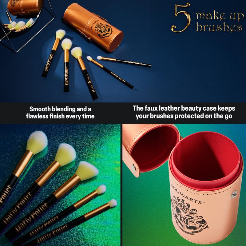 Harry Potter Gifts Makeup Brushes Set for Women, Teens, 5 Piece Makeup Brush Set with Travel Case for Eyeshadow Blush Contour Beauty