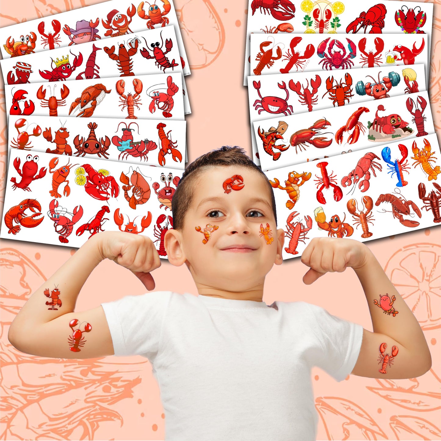 100 PCS Crawfish Temporary Tattoos (10 Sheets) - Cute Lobster Party Favors & Seafood Decorations for Kids, School Carnival Supplies