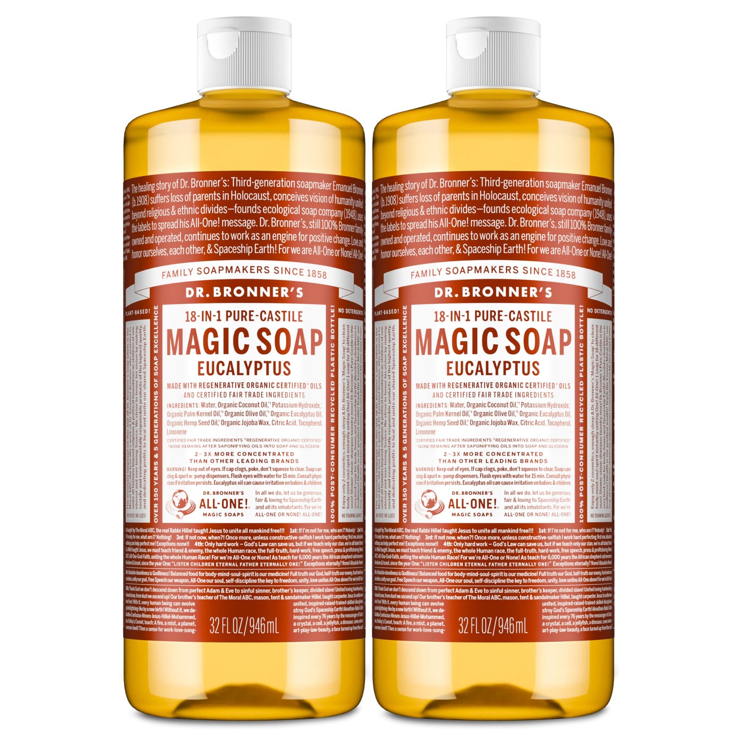 Dr. Bronner's Magic Soap - Pure-Castile Liquid Soap (Eucalyptus, 32 ounce, 2-Pack) -Regenerative Organic Certified Oils, 18-in-1 Uses: Body, Hair, Laundry, Pets & Dishes, Concentrated, Vegan, Non-GMO