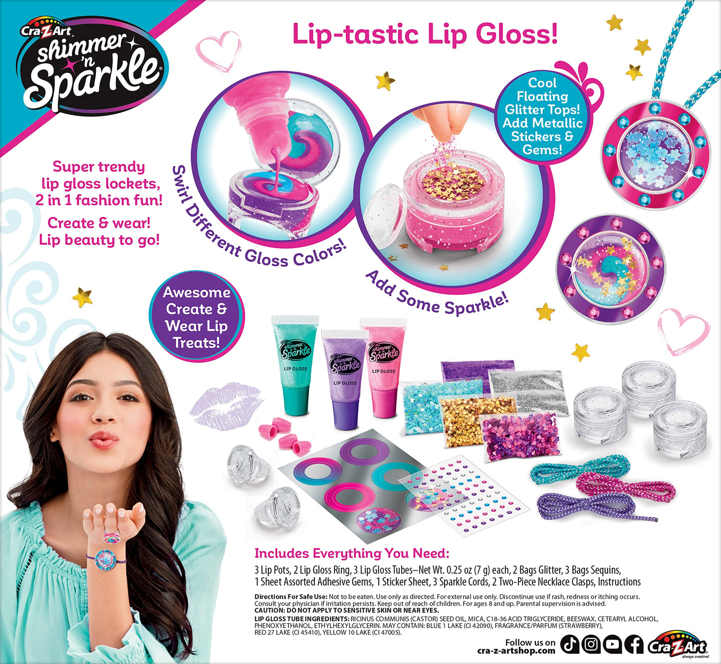 Cra-Z-Art Shimmer 'n Sparkle Glitter & Gem Lip Gloss Lockets DIY Activity Set, DIY Lip Gloss Maker, Birthday for Ages 8 and Up