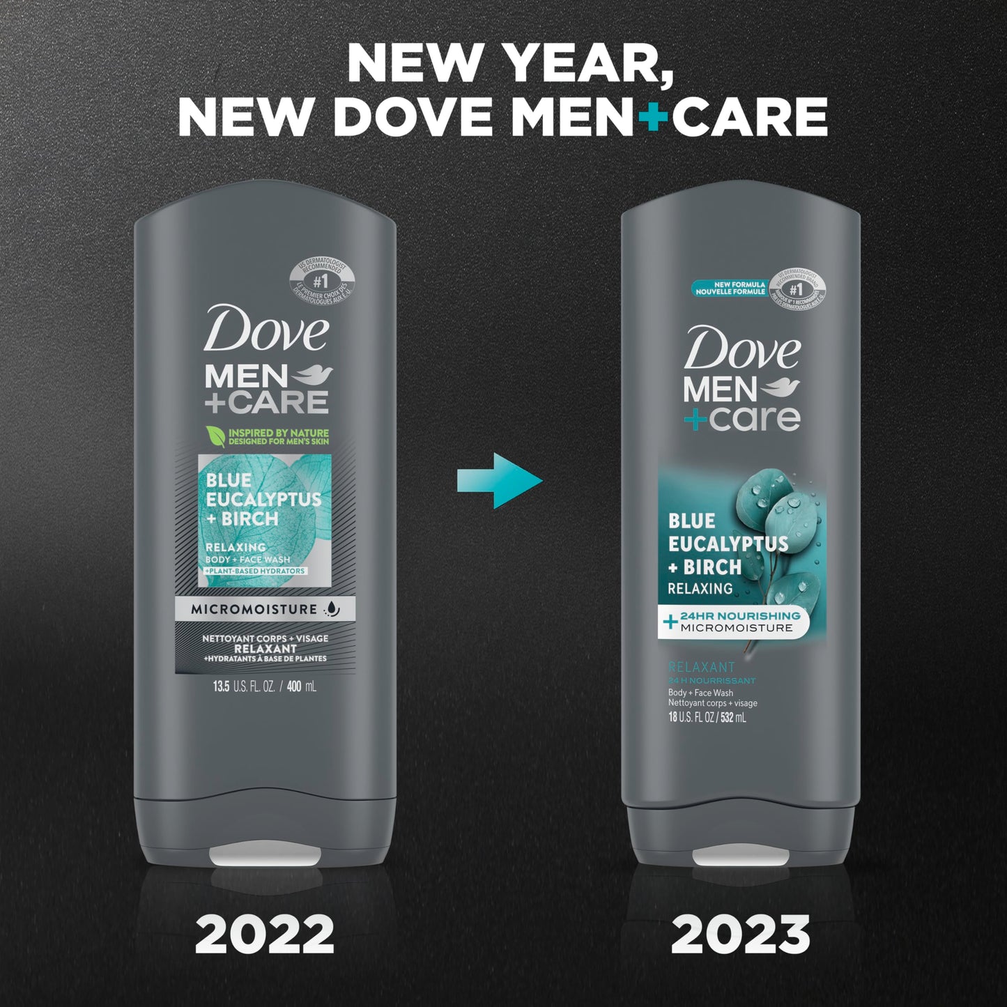 DOVE MEN + CARE Mens Body Wash Blue Eucalyptus and Birch 4 Count Dry Skin Body Wash with Micromoisture, Effectively Washes Away Bacteria While Nourishing Your Skin, 18 oz