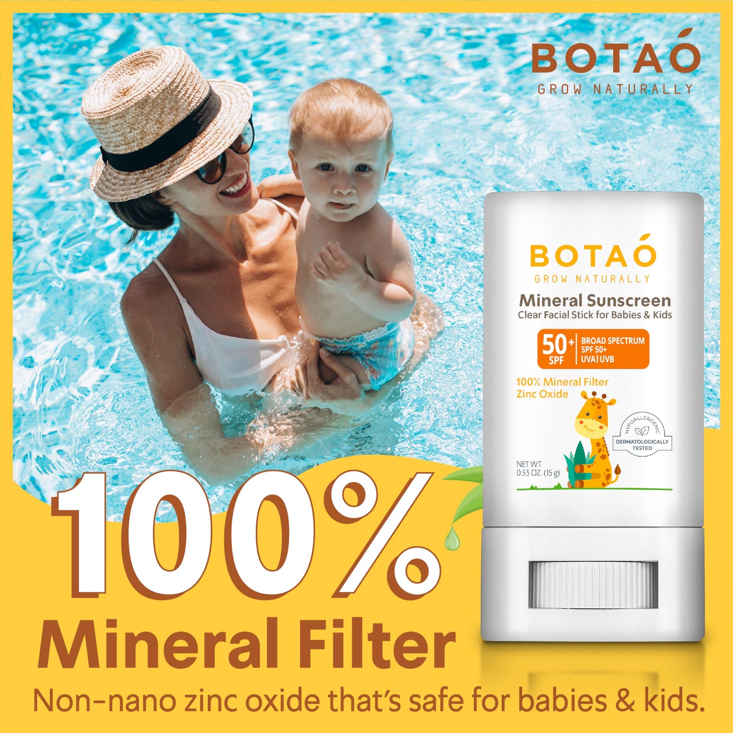 Botao baby Mineral Sunscreen Stick 100% Zinc Oxide SPF 50+ Water Resistant UVA/UVB Protection Easy to Apply Fragrance Free, babies & kids, for sensetive skin, Unscented
