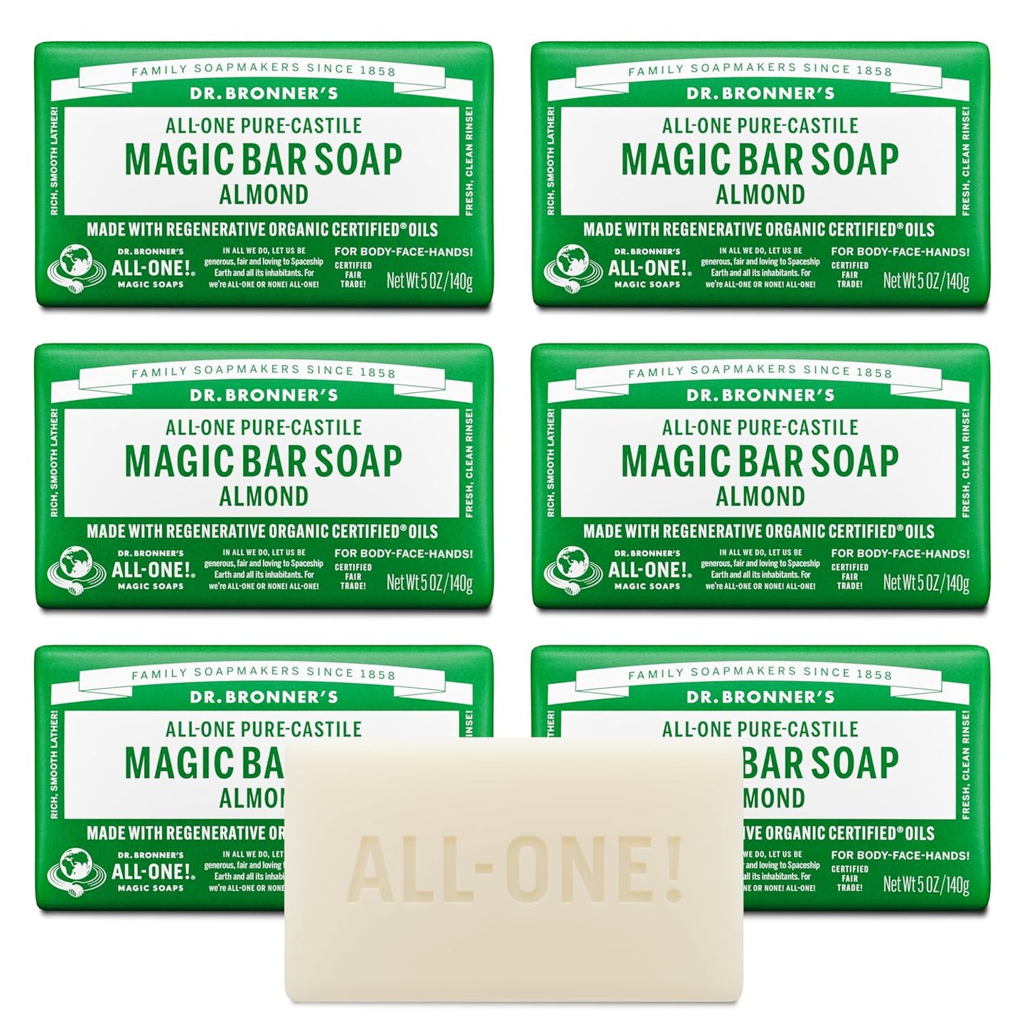 Dr. Bronner's Pure-Castile Magic Bar Soap - Almond Scent, 5 oz | Vegan & Gentle for Face, Body & Hair