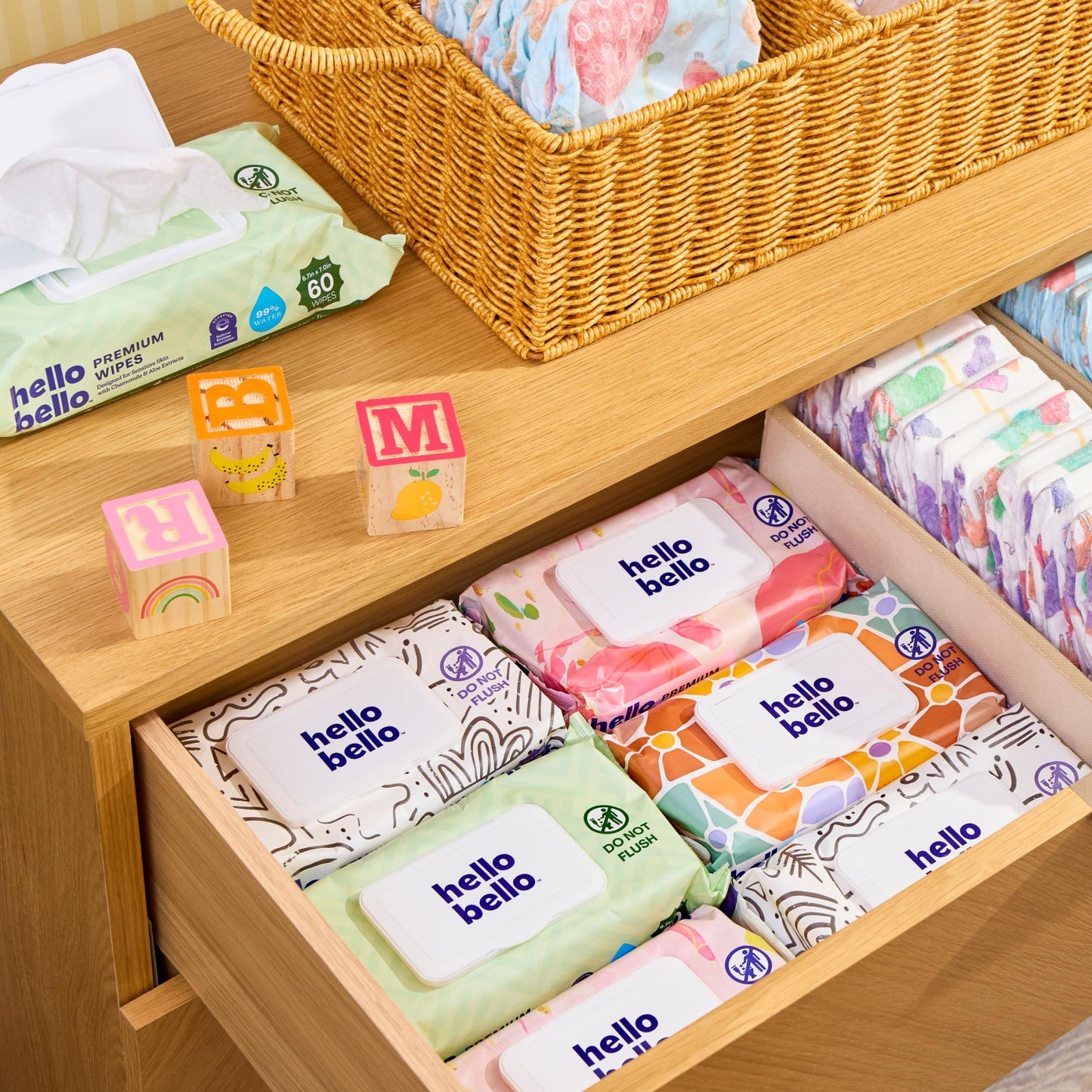 Hello Bello Premium Wipes, Designed for Sensitive Skin with Chamomile & Aloe Extracts, Flower Pop (12 Resealable Packets = 720 Total Wipes)