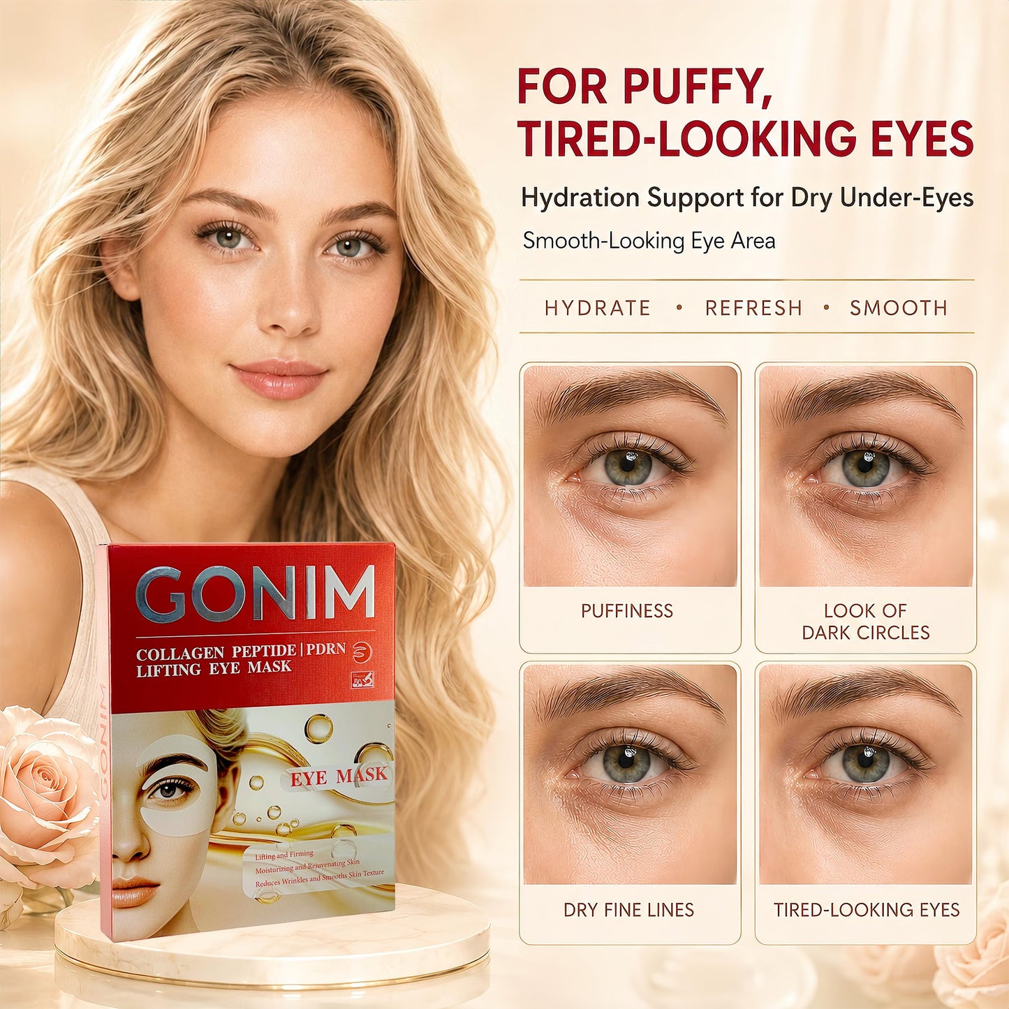 GONIM Under Eye Patches,Collagen Eye Patches for Puffy Eyes & Dark Circles, 360° Fit Hydrogel Eye Mask with PDRN Retinol,Caffeine,Niacinamide & Collagen Peptide,Hydrating Gifts for Women,4 Pairs