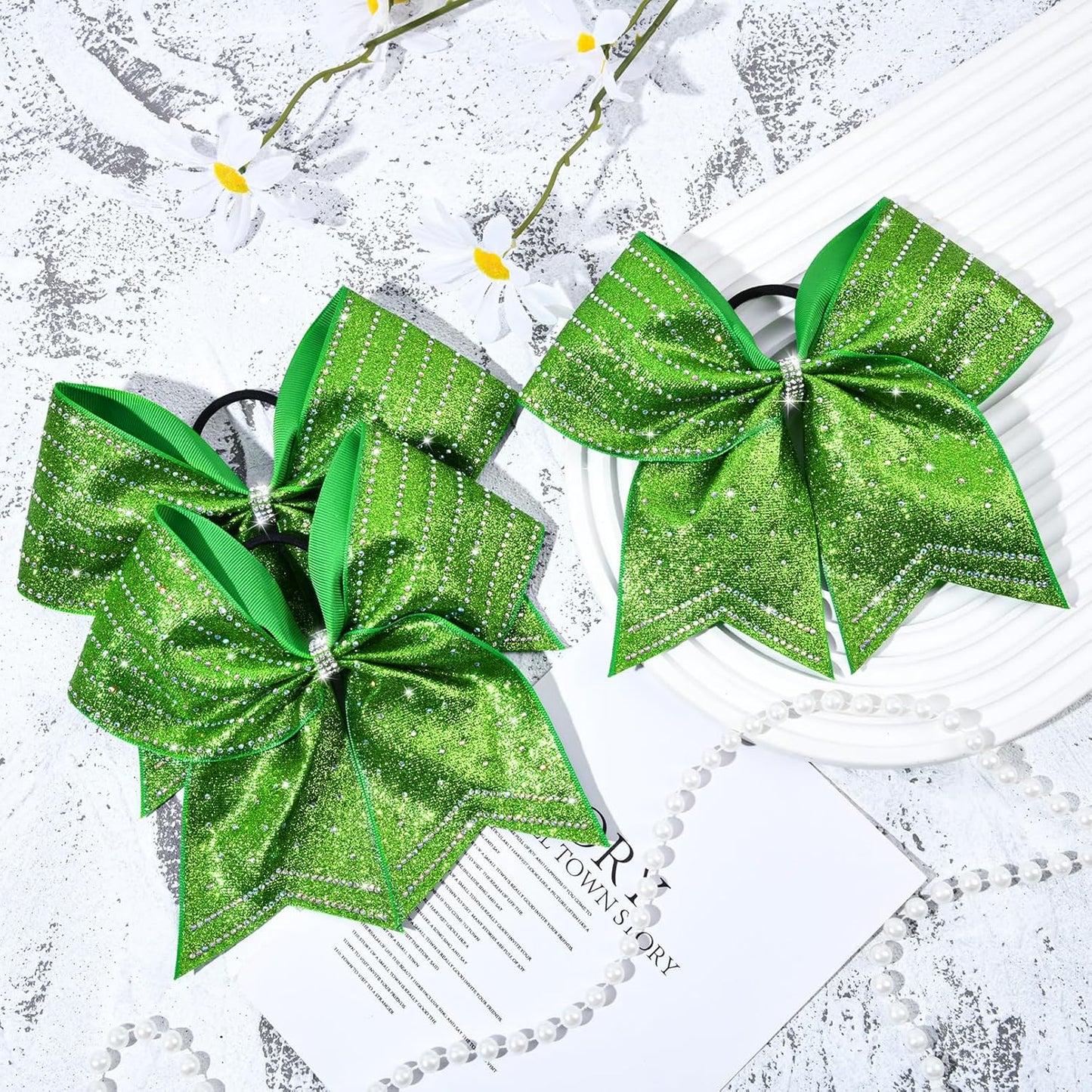 DEEKA 8PCS Green Stripes Glitter Cheer Bows - Iridescent Rhinestones | Large 8" Ponytail Holders for Cheerleaders & Sports