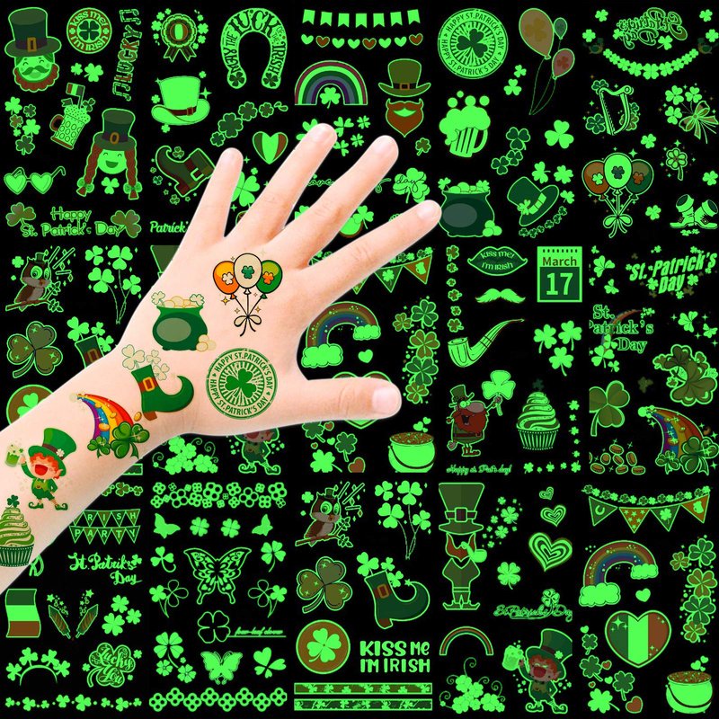 St.Patricks Day Tattoos, 12 Sheets Kids Glow in Dark Tattoos, 100+ Pcs St Patricks Day Stickers, St. patrick's Day Temporary Tattoos Shamrock, Amazing Irish St Patricks Day Decorations Party Favors