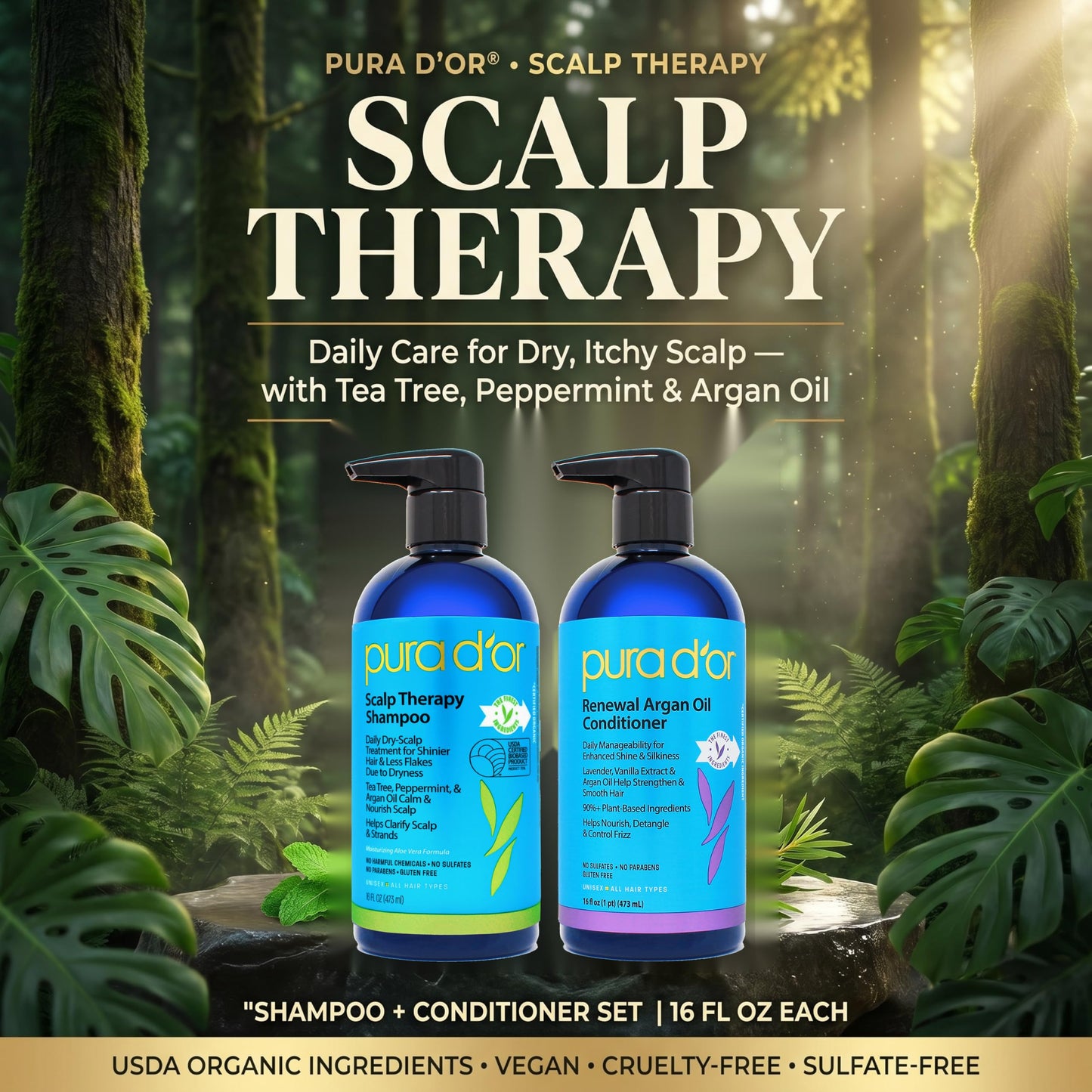 PURA D'OR Scalp Therapy Shampoo & Conditioner Set (16oz x 2) Dry, Itchy Scalp-Hydrates & Nourishes Hair w/Tea Tree, Peppermint, Argan Oil & Biotin, All Hair Type, Men Women (Packaging Varies)
