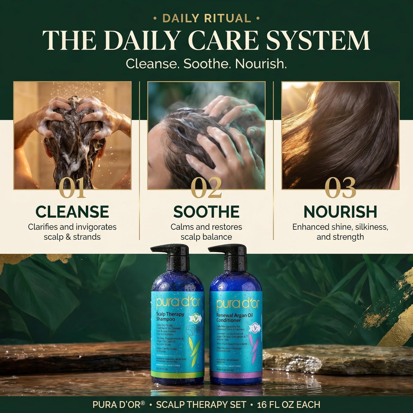 PURA D'OR Scalp Therapy Shampoo & Conditioner Set (16oz x 2) Dry, Itchy Scalp-Hydrates & Nourishes Hair w/Tea Tree, Peppermint, Argan Oil & Biotin, All Hair Type, Men Women (Packaging Varies)