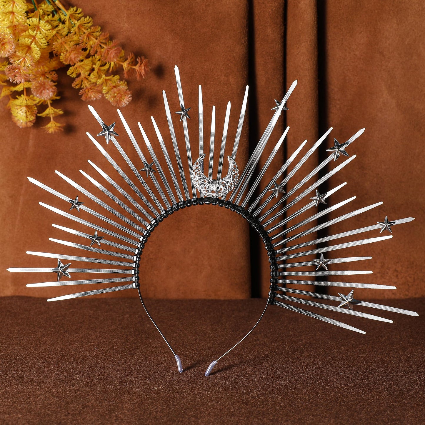 COSUCOS Moon Star Halo Crown - Dark Spiked Witch Sunburst Halo Sun Headband, Dark Gothic Goddess Headpiece Silver Black Headwear for Women Renaissance Costume Halloween Pageant Cosplay Accessorice