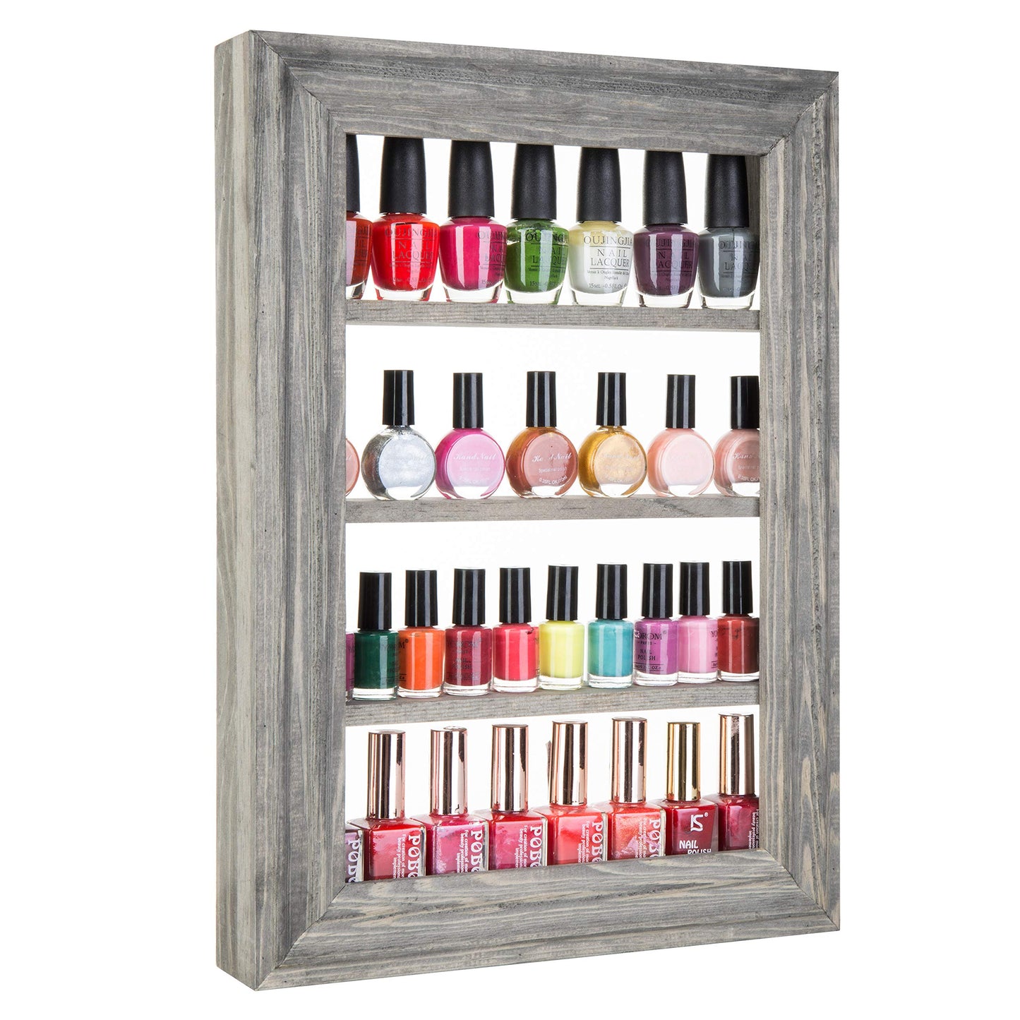 MyGift Vintage Gray Wood Wall Mounted Nail Polish Holder Display Rack with 4 Tier Shelf, Essential Oil Bottle Organizer