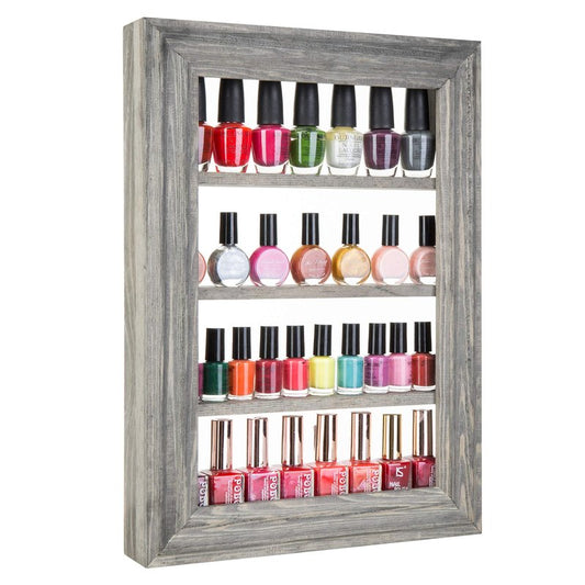 MyGift Vintage Gray Wood Wall Mounted Nail Polish Holder Display Rack with 4 Tier Shelf, Essential Oil Bottle Organizer