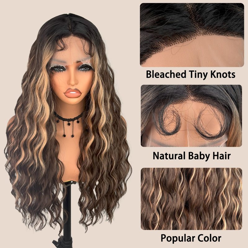 Lace Front curly Synthetic Wig for Women 32 Inch Long Deep Curly Wavy T part HD Transparent Glueless Lace wig Heat Resistant Fiber Pre Plucked Hairline with Baby Hair（Brown highlights）