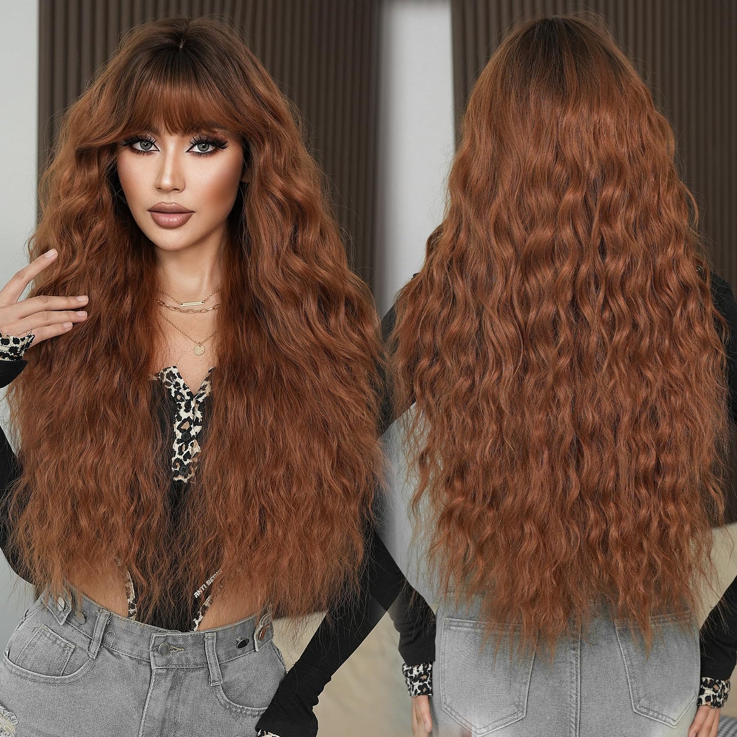 PARK YUN 33In Auburn Brown Curly Wig with Bangs Chestnut Red Heat-Resistant Synthetic Wig Natural Looking Wigs for Daily Use Cosplay Party Gifts for Women