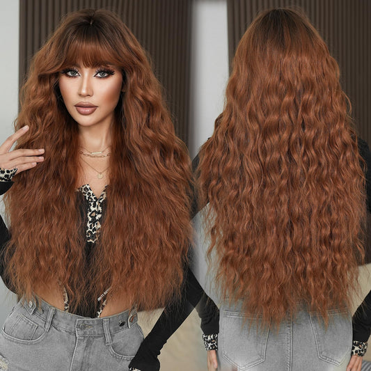 PARK YUN 33In Auburn Brown Curly Wig with Bangs Chestnut Red Heat-Resistant Synthetic Wig Natural Looking Wigs for Daily Use Cosplay Party Gifts for Women