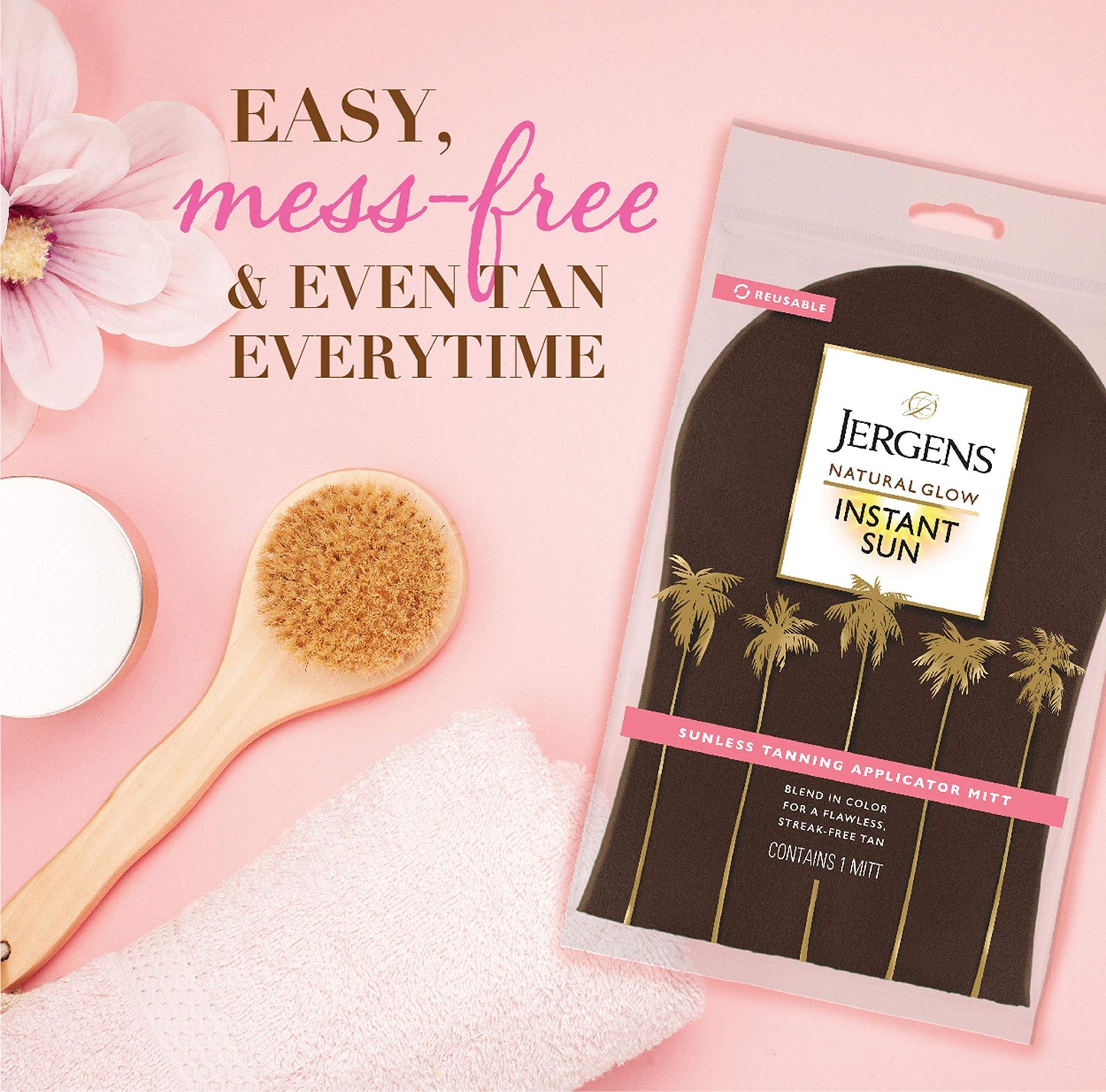 Jergens Natural Glow Instant Sun Body Mousse, Deep Bronze Tan, 6 Ounce Sunless Self-Tanner with Natural Glow Body Applicator Mitt, Flawless, Streak-free Tanning Blender Glove