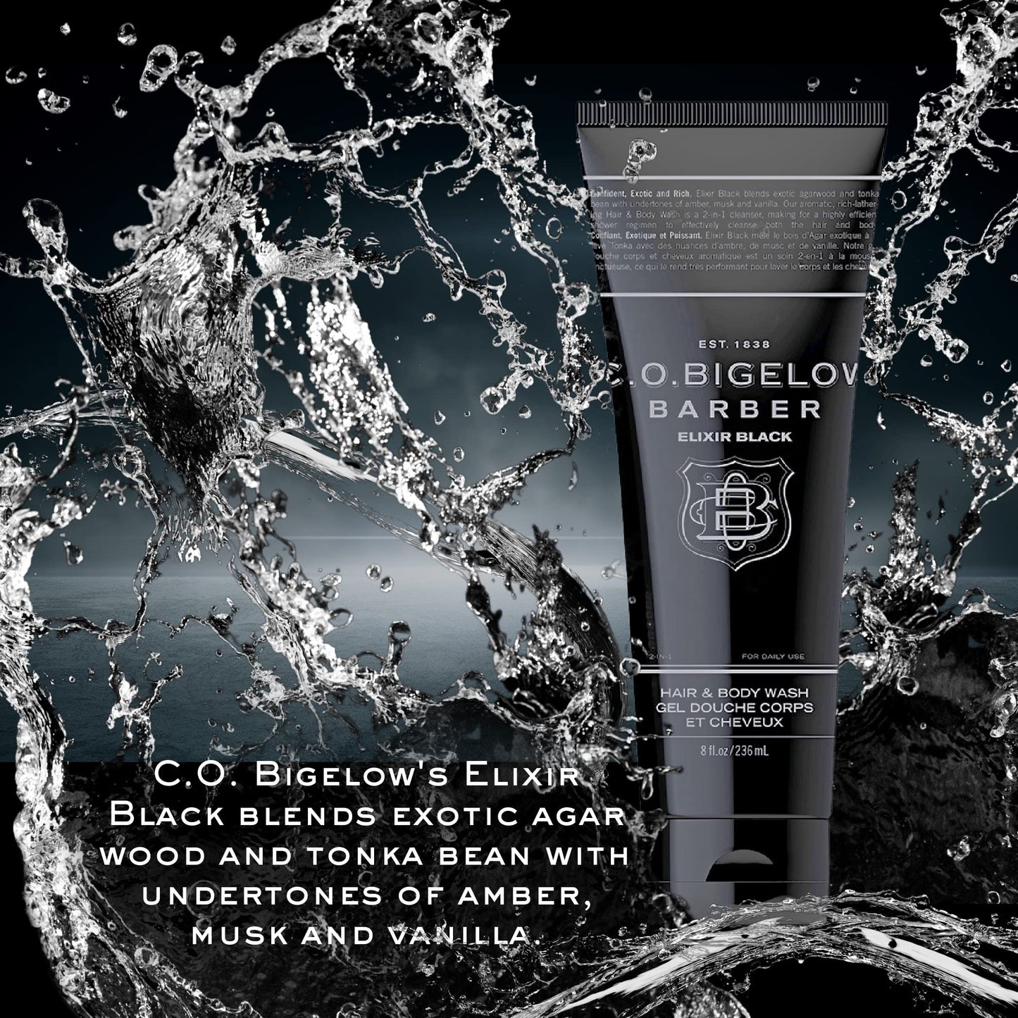 C.O. Bigelow Elixir Black Hair & Body Wash for Men, Pack of 2 Musk & Vanilla Scented Men's 2 in 1 Shampoo & Body Wash, 8 Fl Oz