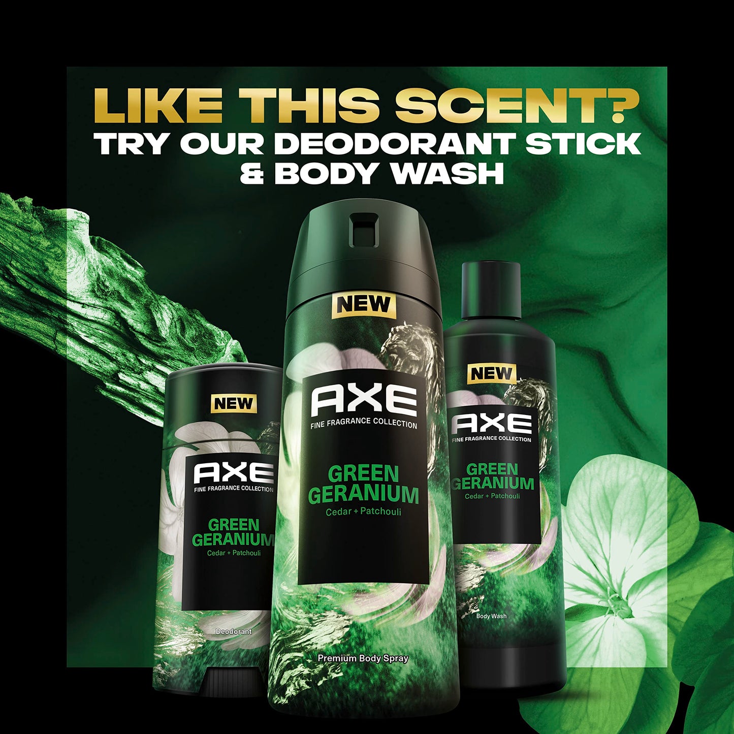 AXE Premium Deodorant Body Spray for Men Green Geranium 3 Count with 72H Odor Protection and Freshness Infused with Geranium, Cedar, and Patchouli Essential Oils 4 oz