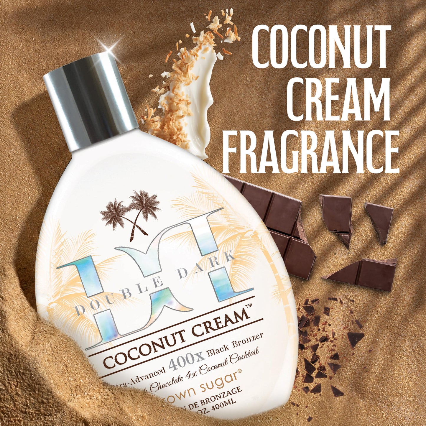 Brown Sugar Double Dark Coconut Cream Tanning Lotion, Ultra-Advanced 400X Black Chocolate Bronzer with Quadruple Coconut Cocktail & Argan Extracts, 13.5 Fl Oz