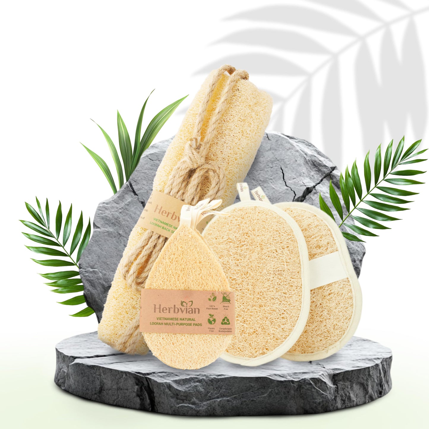 Herbvian Vietnamese Natural Loofah Exfoliating Body Scrubber Pads, Dish Wash Sponges and Whole Gourd Back Exfoliate