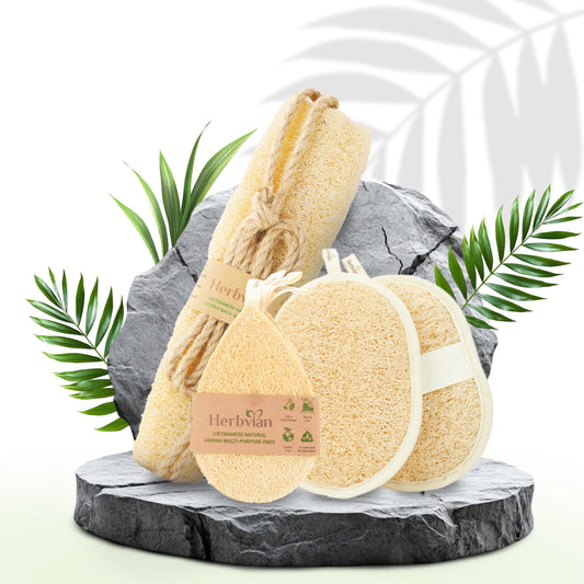 Herbvian Vietnamese Natural Loofah Exfoliating Body Scrubber Pads, Dish Wash Sponges and Whole Gourd Back Exfoliate
