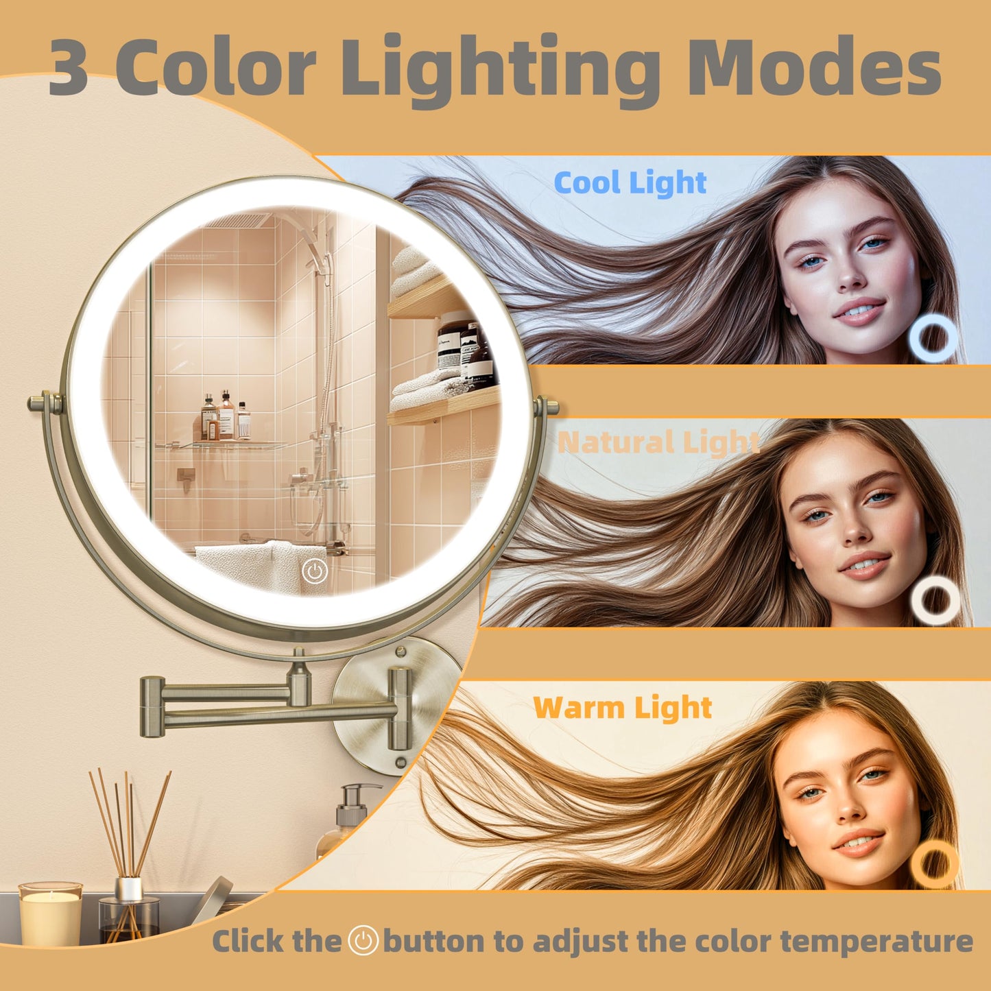 Batuso 8.5" Wall Mounted Makeup Mirror with Light, 2000mAh Rechargeable Double Sided 1X / 10X Magnifying Vanity Mirror, 3 Color Lights Touch Dimmable 360° Rotation Bathroom Mirror, Nickel
