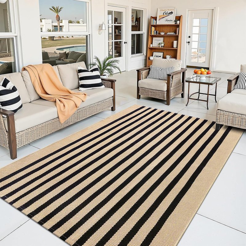 Brown and Black Striped Rug | 4' x 6' Washable Cotton Doormat for Indoor & Outdoor Use