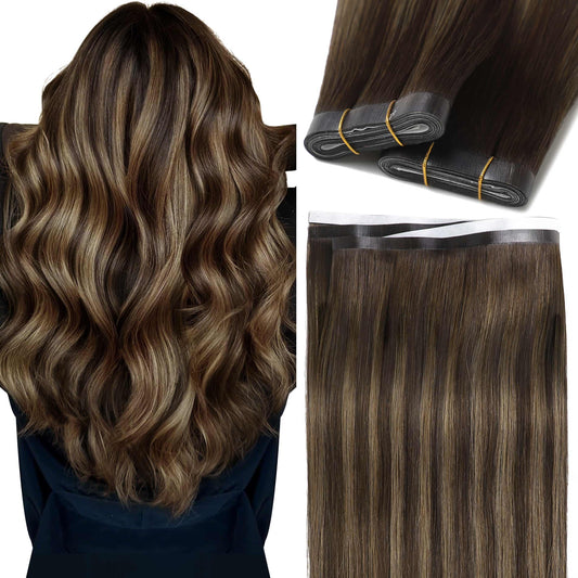 Caliee 16 Inch Long Weft Tape in Hair Extensions 50G One Piece Tape in Hair Extensions Invisible Color R2-2/6 Darkest Brown with Chestnut Brown Soft Wide PU Weft 31.5"(80cm)