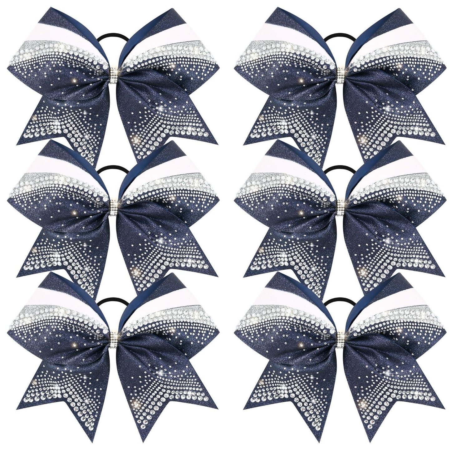 DEEKA 6 PCS 7" Large Glitter Cheer Bows with Shiny Rhinestones Three Color Stiff Hair Bows Elastic Band Ponytail Holder for for Cheerleaders Softball Girls Sports -Navy/Silver/White