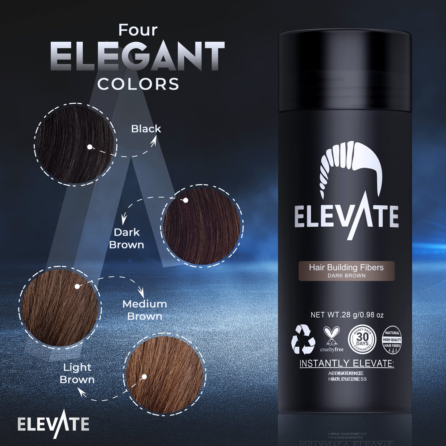 ELEVATE Hair Fibers to Instantly Thicken & Completely Conceal Thinning Balding Areas Loss in 30 Seconds for Men & Women (DARK BROWN) 28g Size - 100% Natural & Undetectable Keratin Fibers